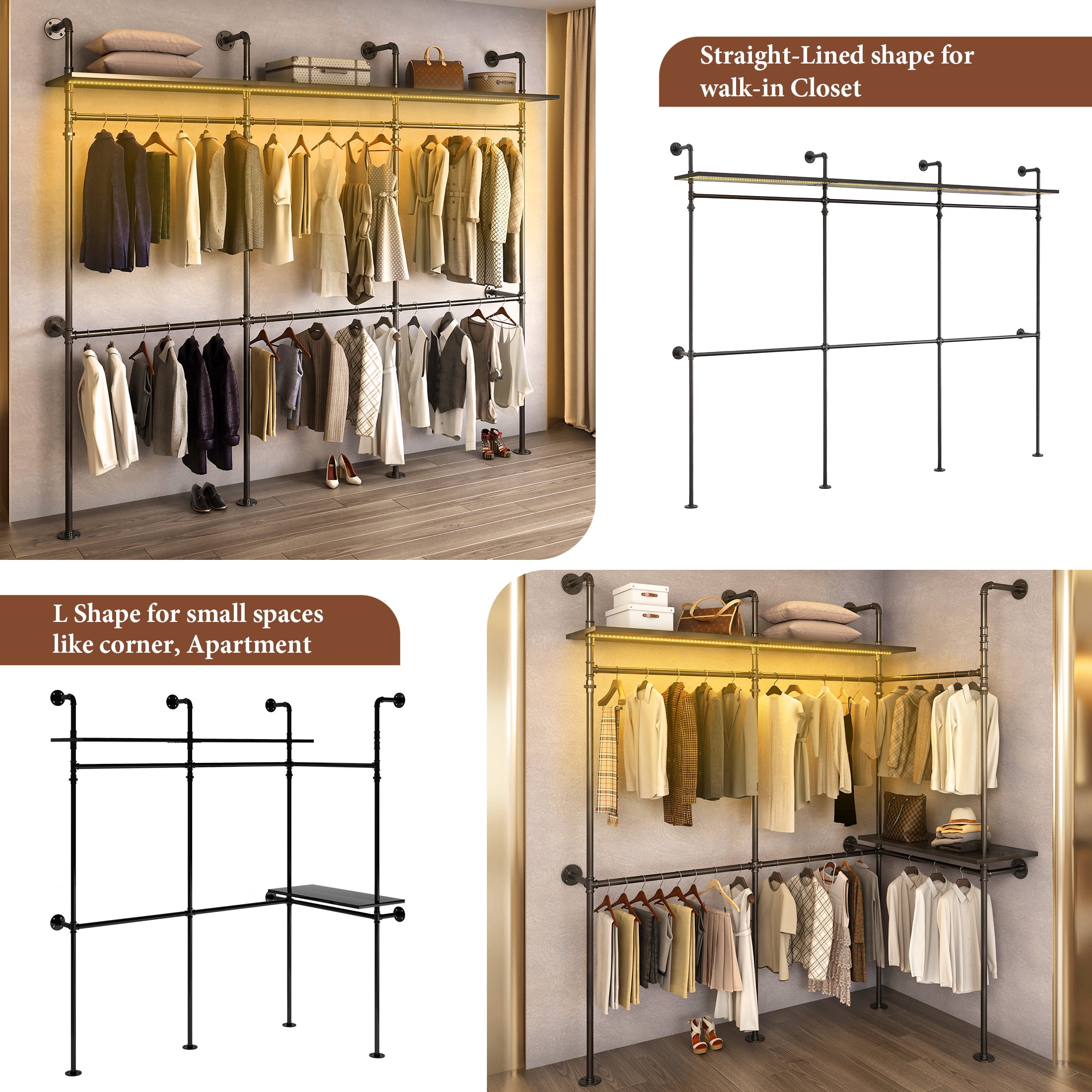 Aukfa 118" Industrial Pipe Clothing Rack with Lights, Shelves, Walk-in Closet System, Wardrobe Rack
