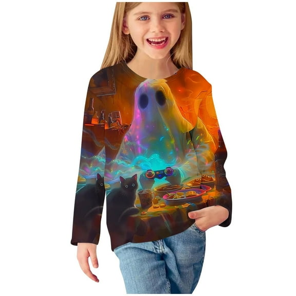 Meresysid Boys Girls Toddler Kids Halloween Long Sleeve Boat Neck T-Shirts Casual Fall Clothes Cute Casual Blouses Multicolor