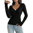 thumbnail image 3 of Women'S Long Sleeve Shirt V-Neck Buttons Ribbed Knit Slim Fit Casual Basic Spring Autumn Tops Black L, 3 of 9