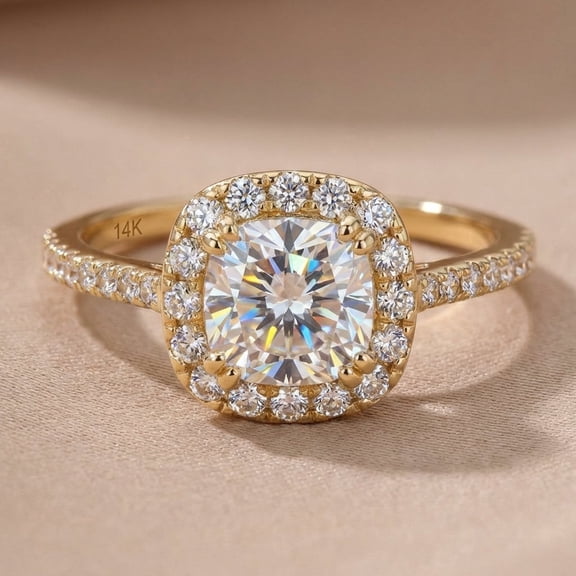 Vinali Solid 14K Yellow Gold Cushion Halo Engagement CZ Ring for Women Size 5