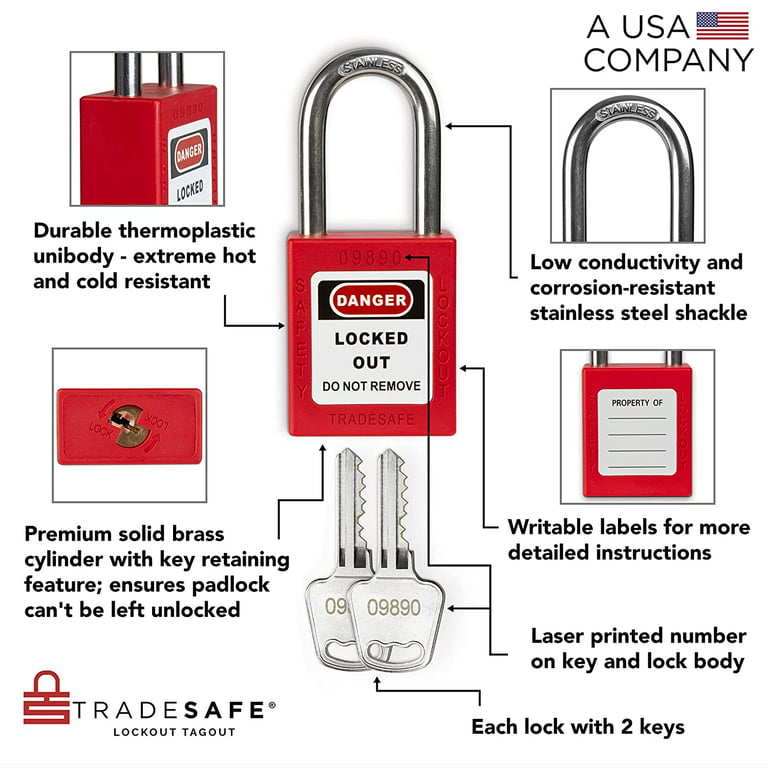 TRADESAFE Lockout Tagout Steel Cable Locks with Keys,10 Red Keyed Different Electrical Lockout Padlock Set, 2 Keys per Lock, Osha Compliant, Premium