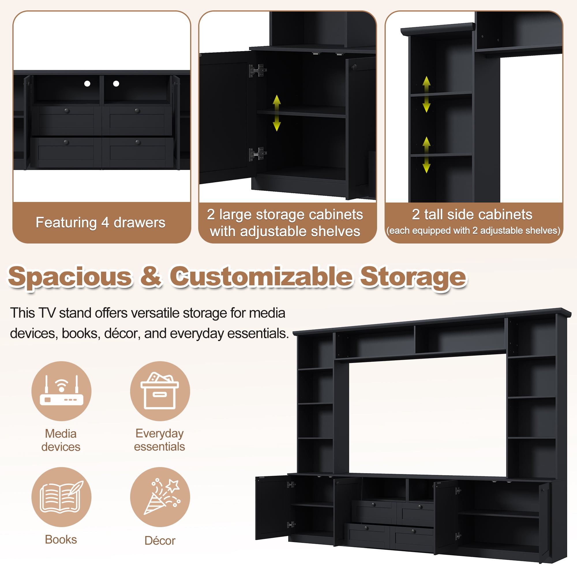 Farmhouse Entertainment Center Wall Unit with Bridge, 4 Drawers, Adjustable Shelves, Modern TV Stand for TVs Up to 70", Modern Media Console Cabinet with Storage for Living Room
