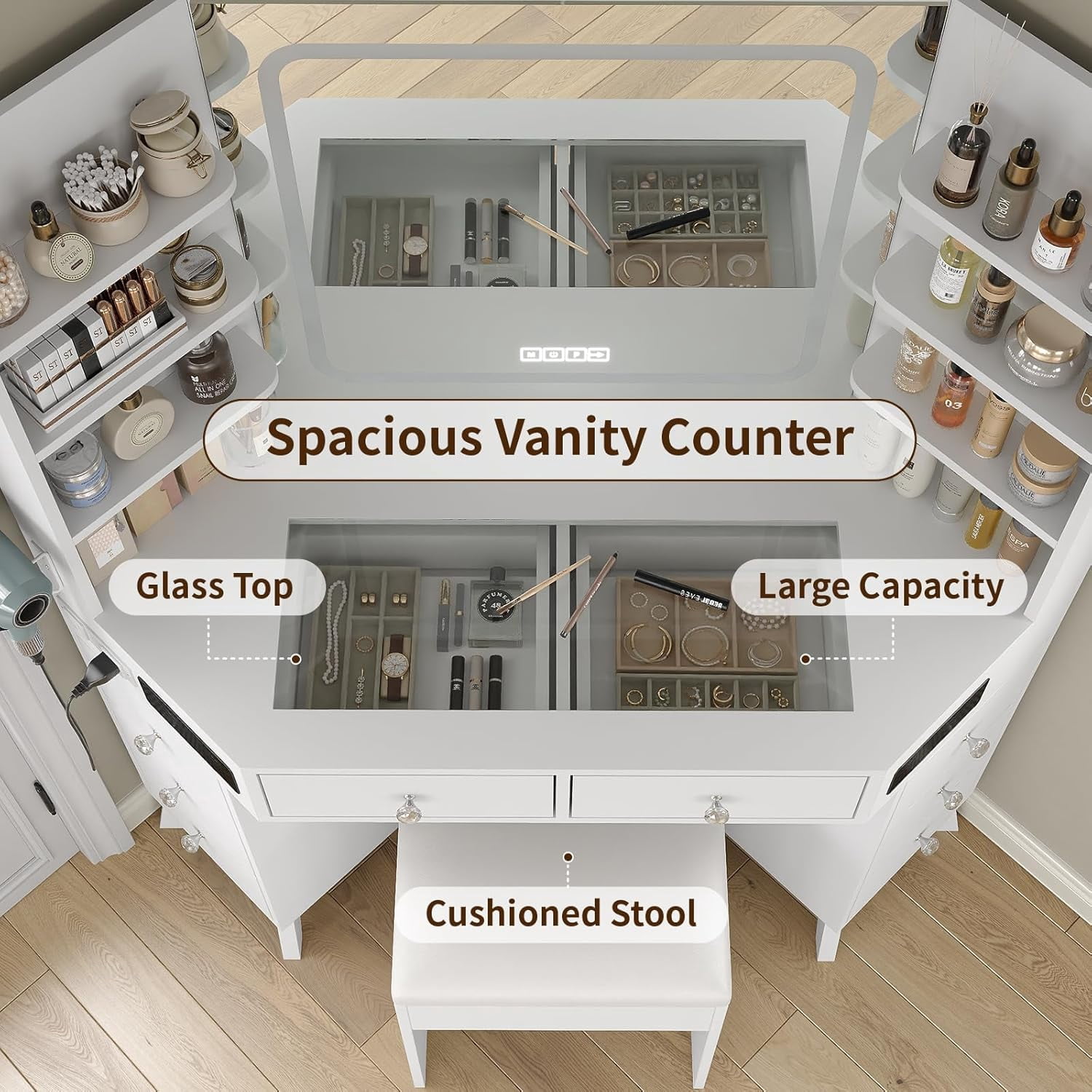 Corner Vanity Desk with Mirror and Lights, Modern Makeup Vanity with Glass Top, Bluetooth Speaker, 8 Drawers and 6 elves, 3 Color Lighting Modes, Dressing Table with Chair for Bedroom, White