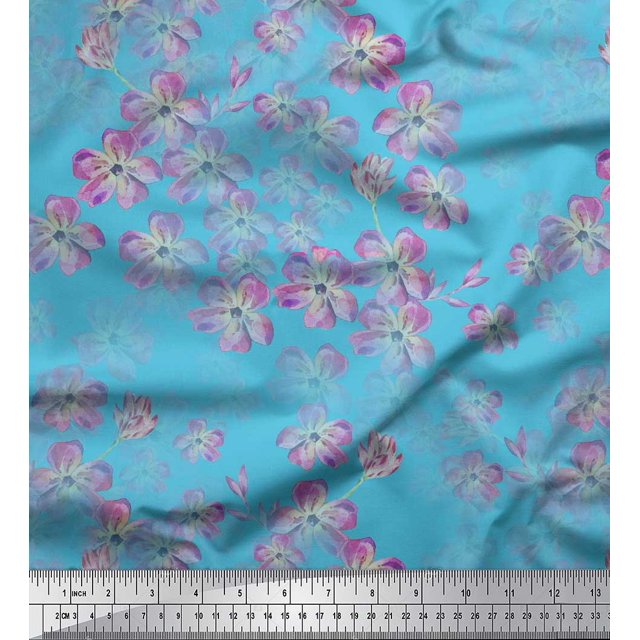 Soimoi Blue Heavy Satin Fabric Poppy Anemone Floral Print Fabric by Yard 56 Inch Wide