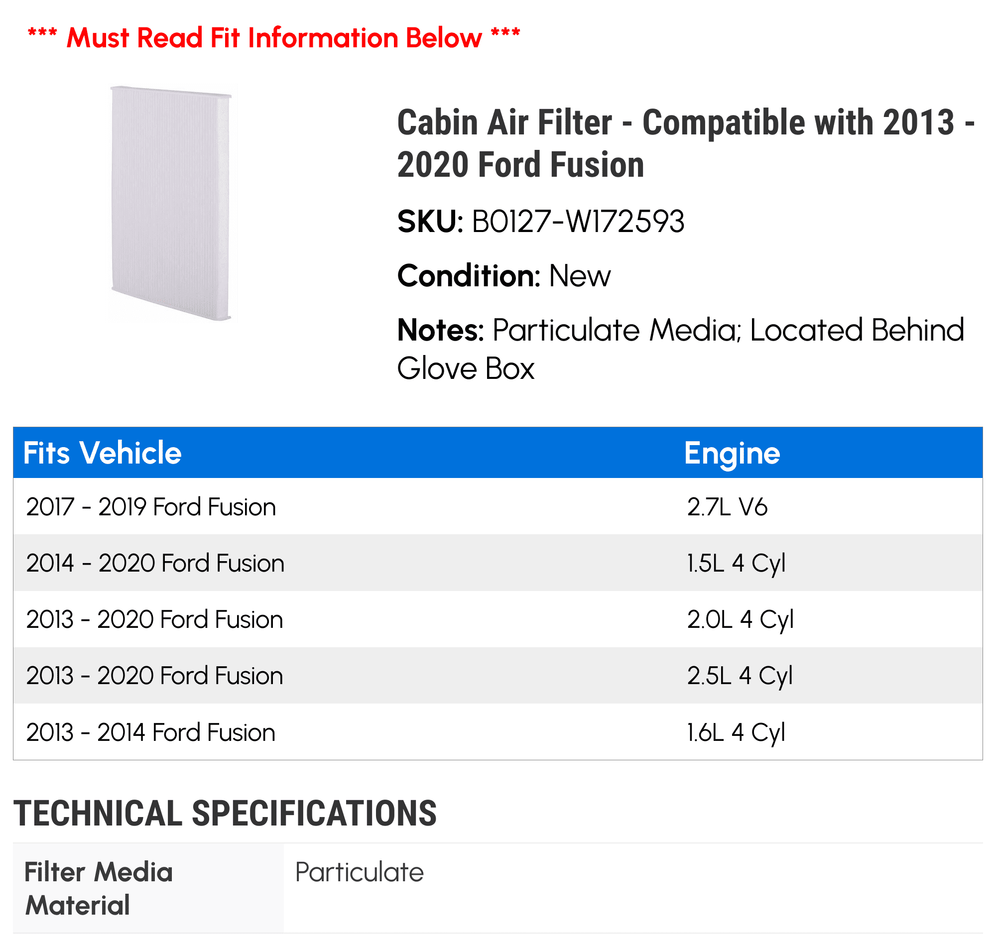 Cabin Air Filter - Compatible with 2013 - 2020 Ford Fusion 2014 2015 2016 2017 2018 2019