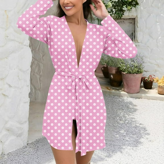 SYMOID Womens Pink White Polka Dot Robe - Kimono-Inspired Soft Stretch, V-Neck Long Sleeve, Mid-Length, Plus Size (S-XXXXXL) for Loungewear/Sleepwear,Size 5XL