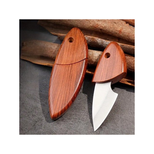 1pc Mini Stainless Steel Pocket Knife, Portable Wooden Fish Knife, Imitation Wood Grain Pocket Knife, Outdoor Portable Short Knife, Kitchen Fruit Knif