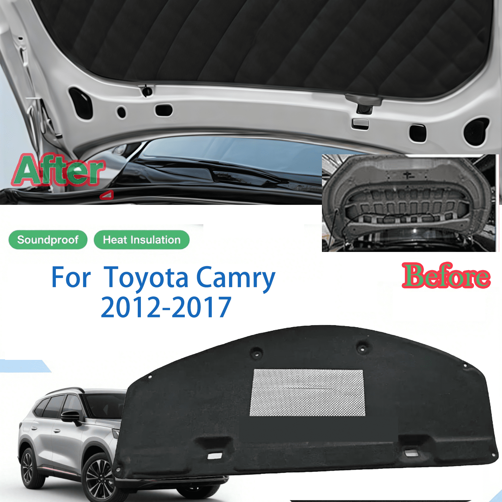 Car Front Engine Hood Pad For Toyota Camry 2012-2016, Heat Sound Insulation Mats Cotton Front Hood Engine Mat Pad Flame Retardant Insulation Cotton Fireproof Cover