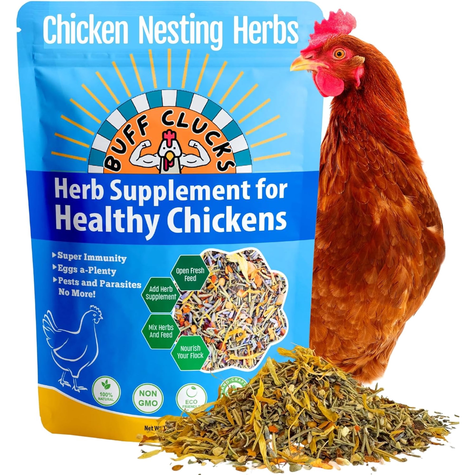 Buff Clucks Chicken Nesting Herbs for Backyard Chickens - All-Natural Aromatic Blend for Nesting Boxes & Chicken Coop - Plant-Based Herb Treat for Refreshing The Coop, Egg Production, USA (12 oz)
