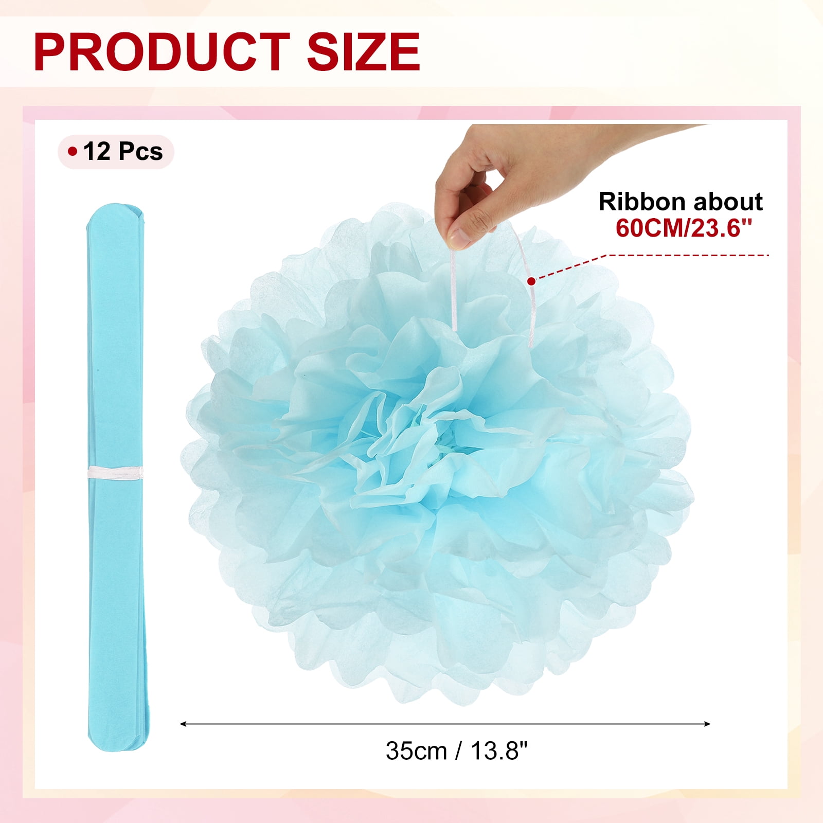 14inch Tissue Paper Pom Poms, 12PCS Pom Poms Paper Flowers Ball Tissue Paper Flowers for Wedding Bridal Shower Birthday Bachelorette Party Backdrop Decoration, Light Blue