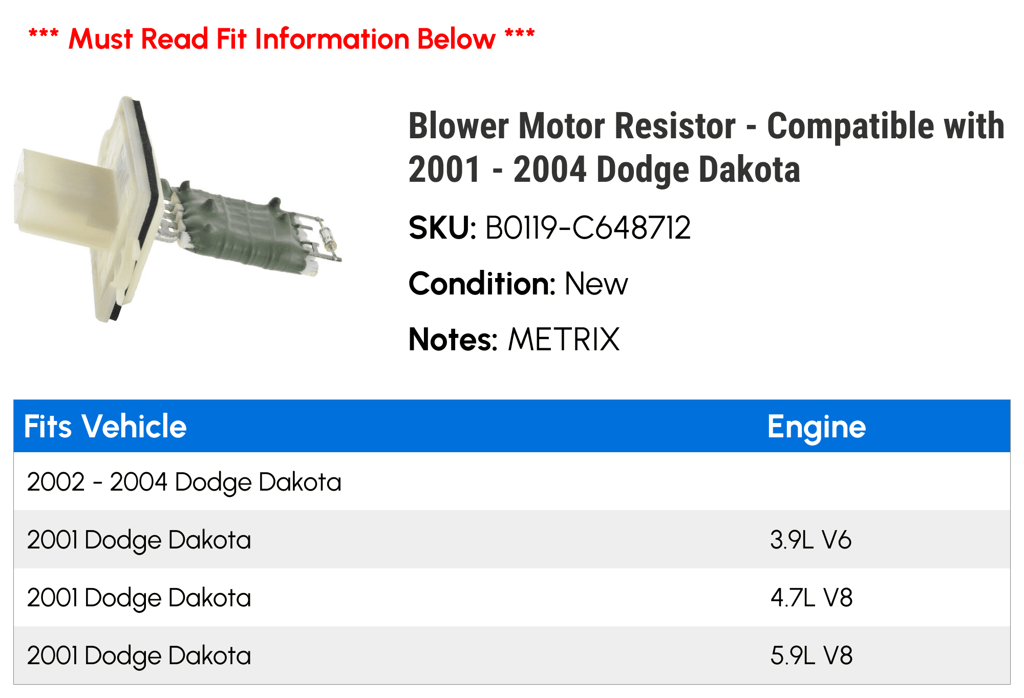 Blower Motor Resistor - Compatible with 2001 - 2004 Dodge Dakota 2002 2003