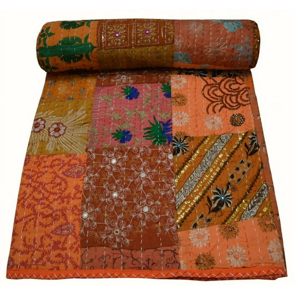 Indian Handmade Assorted Orange Patchwork Kantha Quilt Multi Patchwork Quilt Queen Size Kantha Bedspread Kantha Throw Embroidery Patchwork Quilt