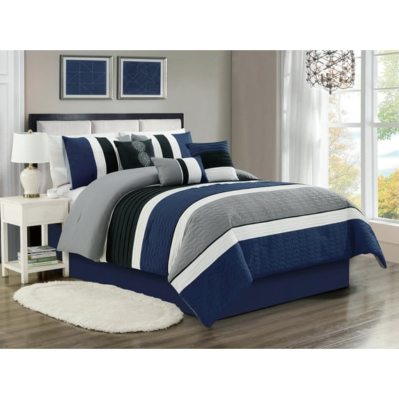 11-Pc Archer Diamond Hexagon Embossed Pleated Stripe Comforter Curtain Set Blue Gray White Black King
