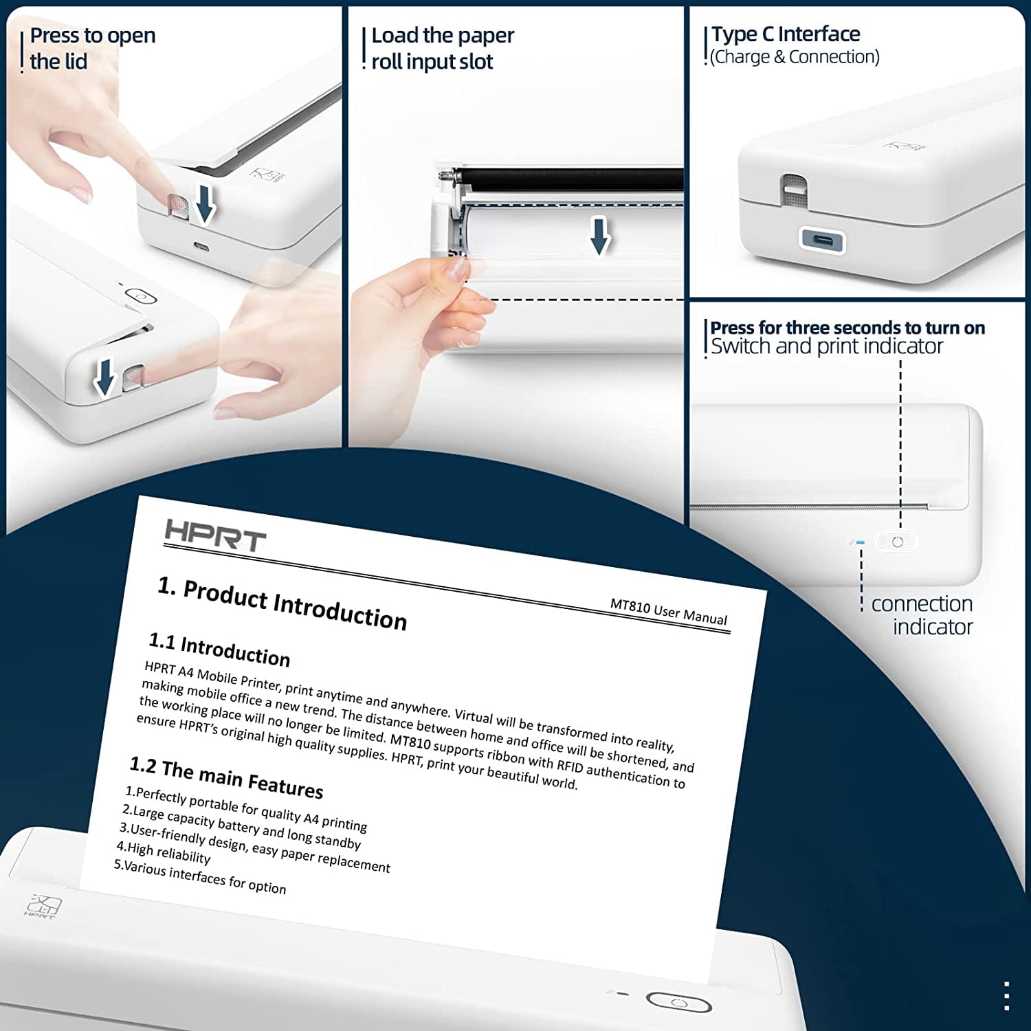 HPRT Wireless Portable Printers - A4 Thermal Printer, Monochrome for Travel, Mobile Office, School, Home - Bluetooth Printer Compatible with IOS Android Phone & Laptop