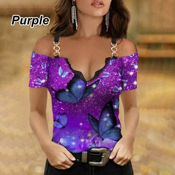 mujer moda v-cuello de encaje mariposa impreso spaghetti correa camisetas fuera del hombro manga corta blusa señoras casual algodón topspangjing