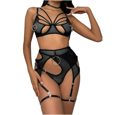 

Sexy Lingerie for Women Women s Mesh Three-point Elegant Elegant Lingerie Set with Large Circle Of Metal Accessories Plus Size Lingerie for Women Camisoles with Built in Bra on Sales Black L