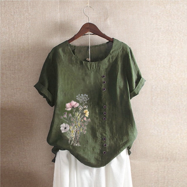 Fiudx Liquidación de Ahorros de Verano Camiseta de Verano con Cuello Redondo y Manga Corta para Mujer, Informal, con Botones Impresos