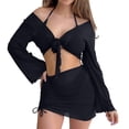 thumbnail image 2 of Womens 3 Piece Sheer Mesh Swimsuits Cover Up Long Sleeve Wrap Tie Crop Tops Mini Skirt Beach Set, 2 of 6