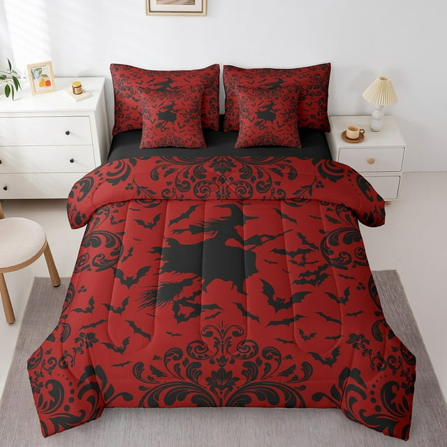 Erosebridal Magic Witch Bedding Sets King Size, Happy Halloween Comforter Sets with Sheets, Damask Boho Reversible Bedding King Size, Lightweight Room Decorative, 7pcs