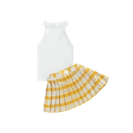 

Ma&Baby 18M-6Y Kids Baby Girls Skirt Suit Ribbed Sleeveless Tank Tops with Plaid Pleated Skirt Set Summer Outfit