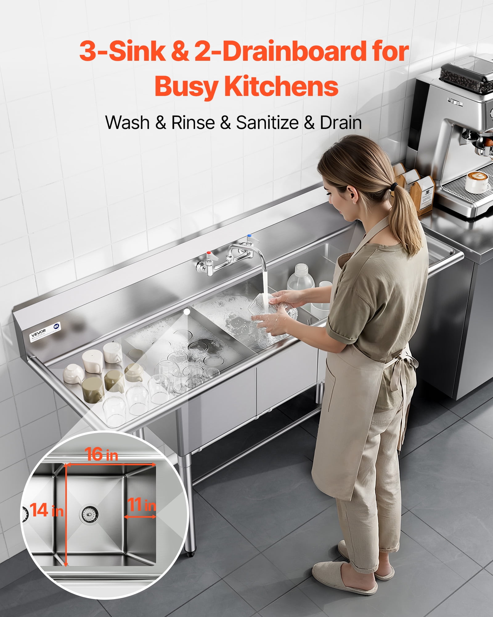 VEVOR 3 Compartment Sink, 18-Gauge 304 Stainless Steel, 14" x 16" x 11" Bowl Size, 3 Bay Commercial Kitchen Prep & Utility Sink with 2 Drainboards and Backsplash for Restaurant, Food Truck & Home Use