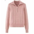 thumbnail image 6 of Sakmal Cable Knit Sweaters for Women 2025 Zip-Up Knit Pink Cotton Tops V Neck Long Sleeve Solid Loose Sweaters for Women, 6 of 7