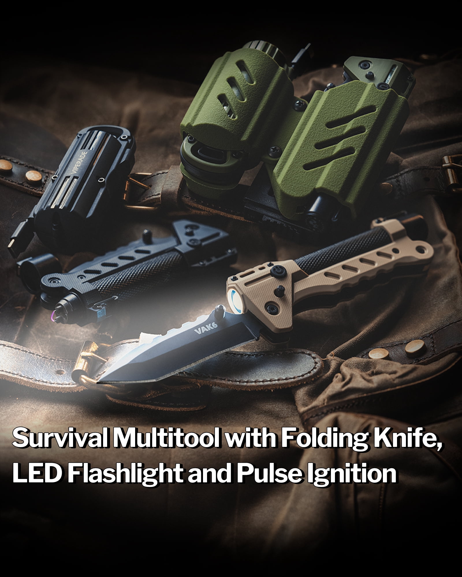VIPERADE VAK6 Multitool with Folding Knife, LED Flashlight, Pulse Ignition, Pocket Knife for men, Rechargeable Flashlight with Belt Sheath (Green)
