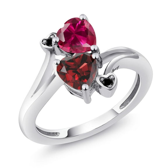 Gem Stone King 925 Sterling Silver Red Created Ruby Red Garnet and Black Diamond Ring for Women (1.90 Cttw, Heart Shape 6MM, Gemstone July Birthstone, Size 8)