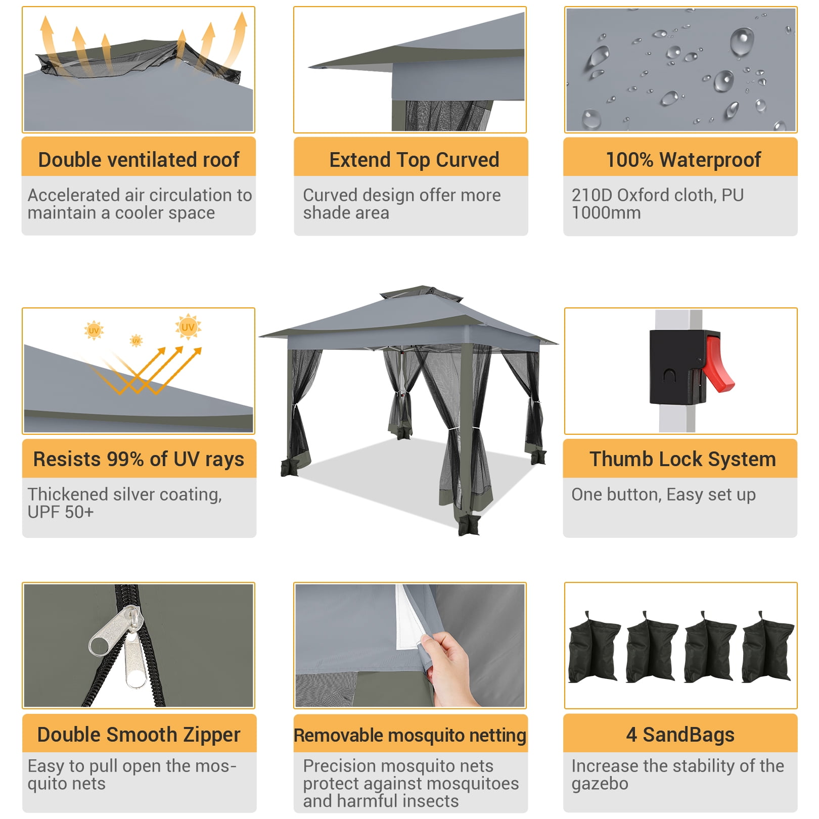 HOTEEL 12' x 12' Outdoor Pop-Up Gazebo Canopy with Mosquito Netting, 2-Tiered Vented Top, 3 Adjustable Heights for Backyard, Garden, Lawn, Gray