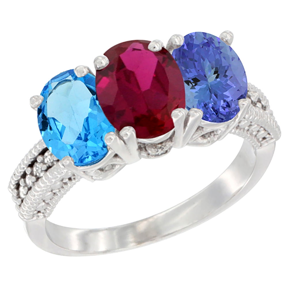 10K White Gold Natural Swiss Blue Topaz, Enhanced Ruby & Natural Tanzanite Ring 3-Stone Oval 7x5 mm Diamond Accent,... by WorldJewels