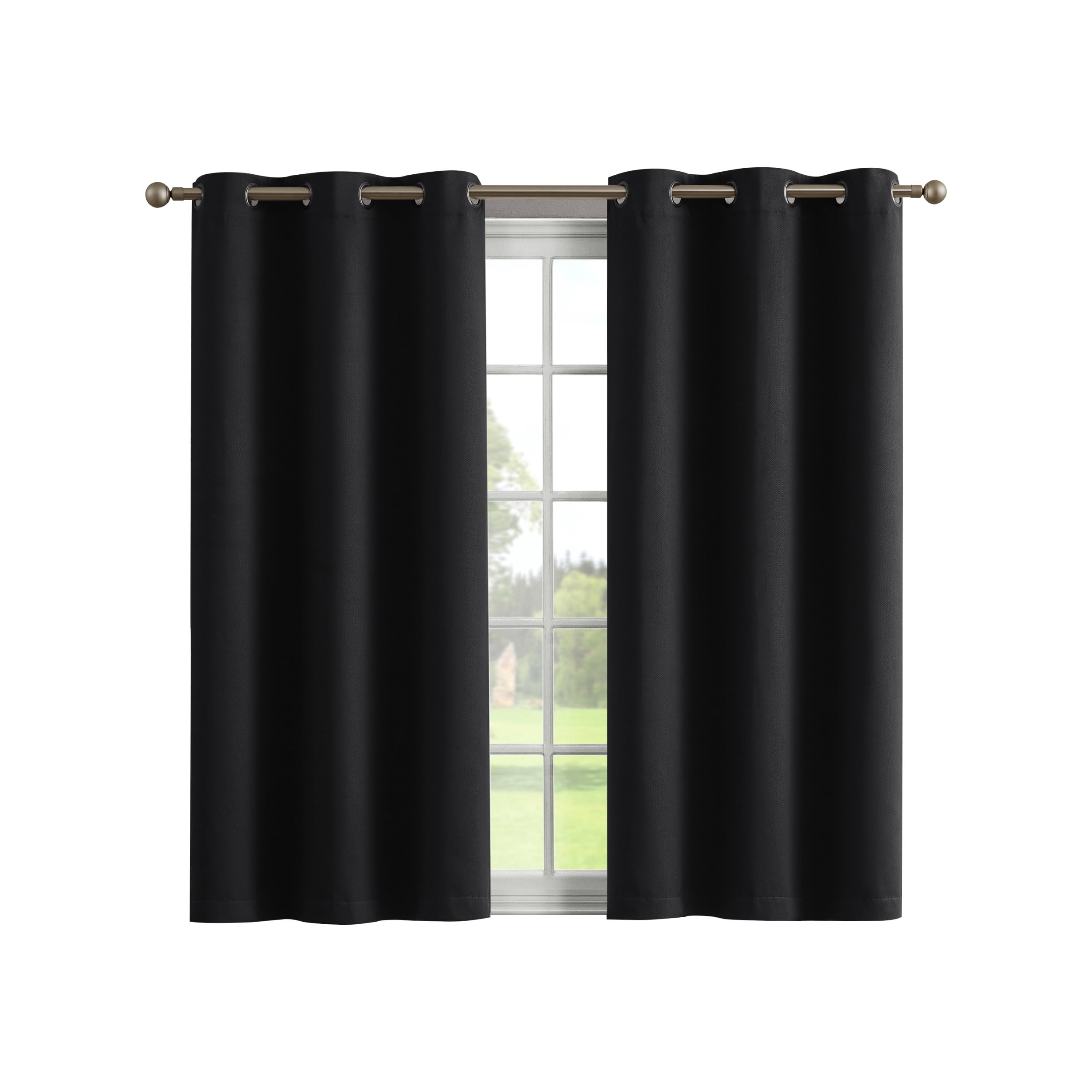 Black Embossed Thermal Woven Window Curtain Pair w Tiebacks, 38x63, Jasper