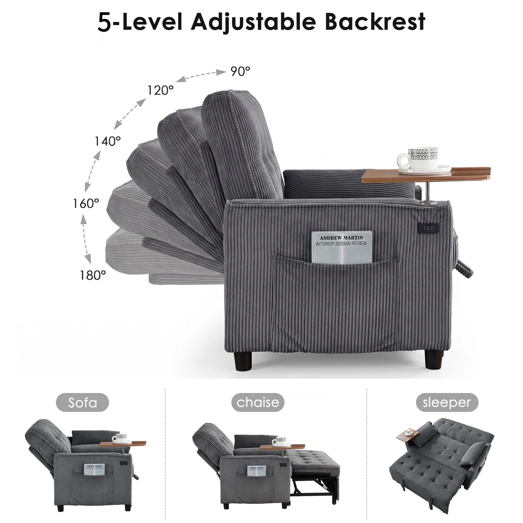 AISWORD 55" 3-in-1 Convertible Sleeper Sofa Bed, Pull Out Loveseat Couch with Side Tray Table & USB Charging Port, Adjustable Backrest Sofa for Apartment, Bedroom, Office, Dark Gray