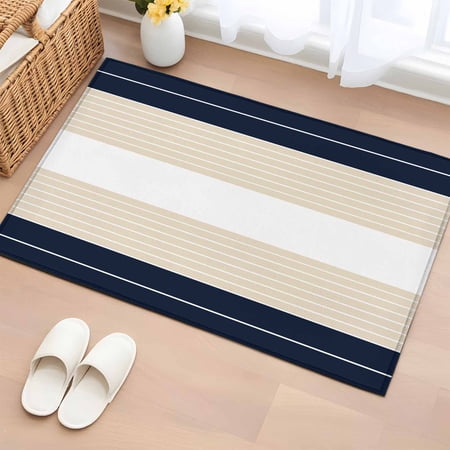 Navy Blue Khaki Stripe 2'x3' Rug for Entryway Front Door Kitchen Sink Area, Gradient Line Low Pile Washable Non Slip Rectangle Area Rug