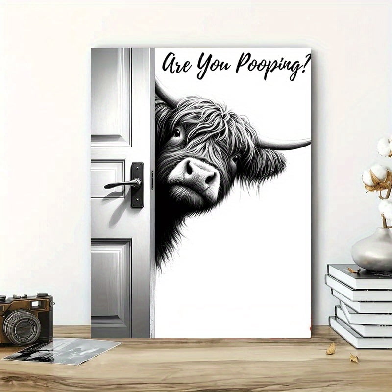 1pc 2D Flat Black and White Canvas Art: A Longhorn Bull Peeking Through a Door Gap with the Text "Are You Pooping?" Fun Canvas Painting Wall Decor for Home, Bedroom, Kitchen, Living Room