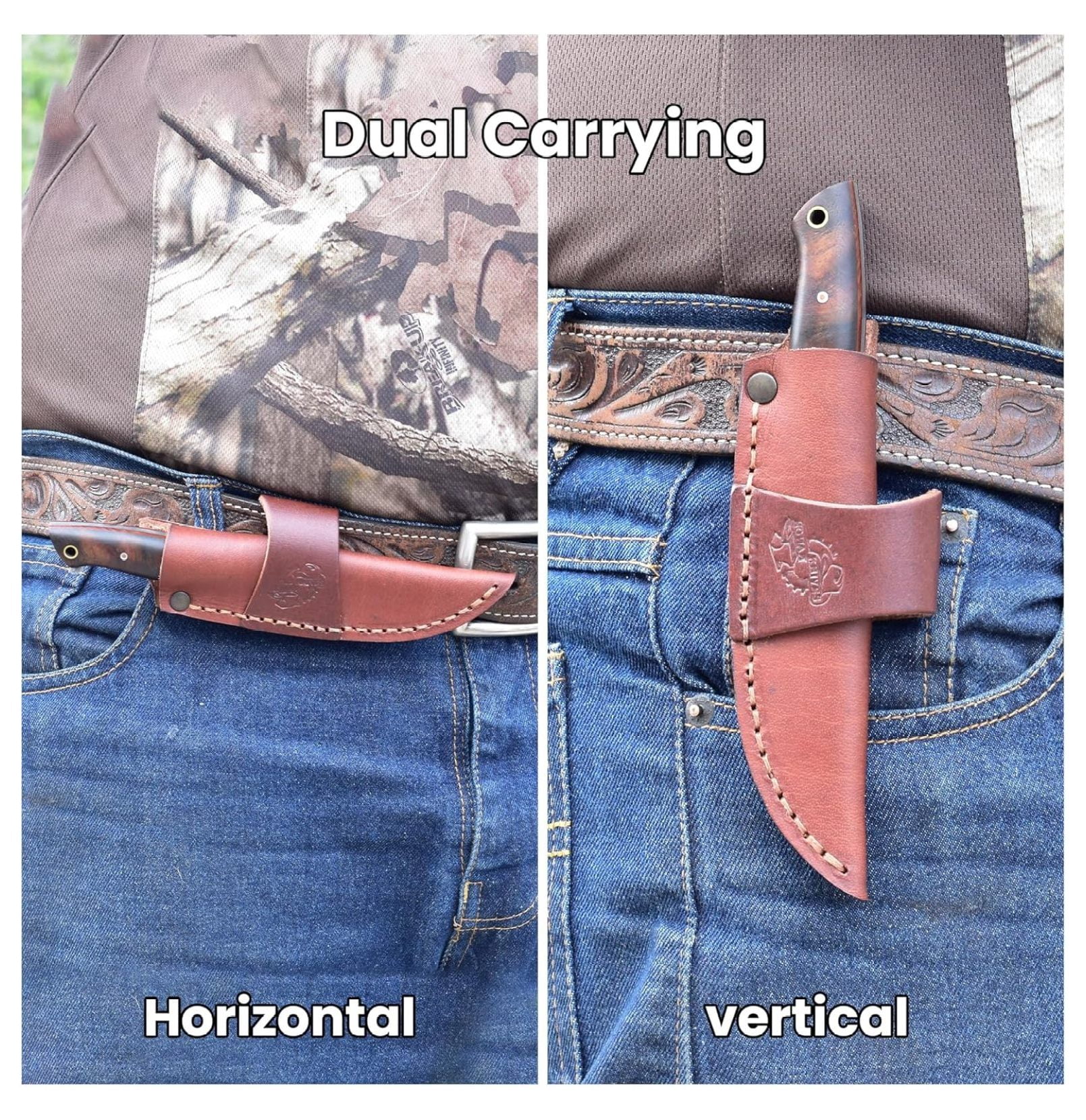 Handmade EDC Fixed Blade Hunting Knife – Forged Damascus Steel – Handle – Horizontal Carry Sheath – Outdoor Knife (3180-IRW)