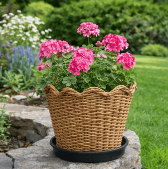10" Wave Rattan Planter Pot with Black Plastic Saucer | Woven by Quality Indonesian Rattan | Durable Scalloped Rim Design | Lightweight Plant Pot | Home & Garden & Indoor & Outdoor Use