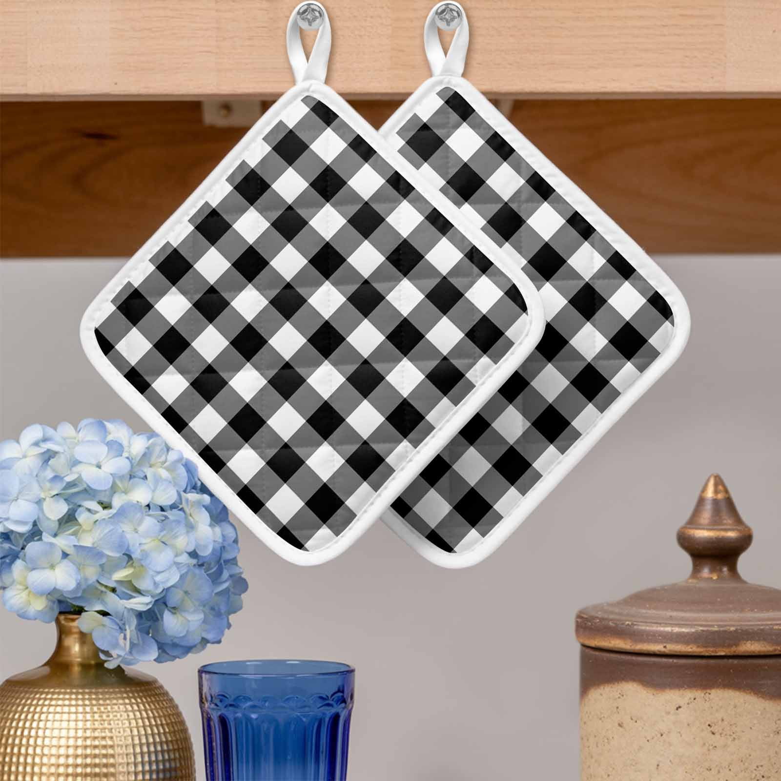 Black White Plaid Pot Holders for Kitchen Heatproof Potholder, 2 Pack Gradient Geometric Buffalo Checkered Hot Pads Multipurpose Oven Pads Cloth Potholders Trivet for Cooking and Baking