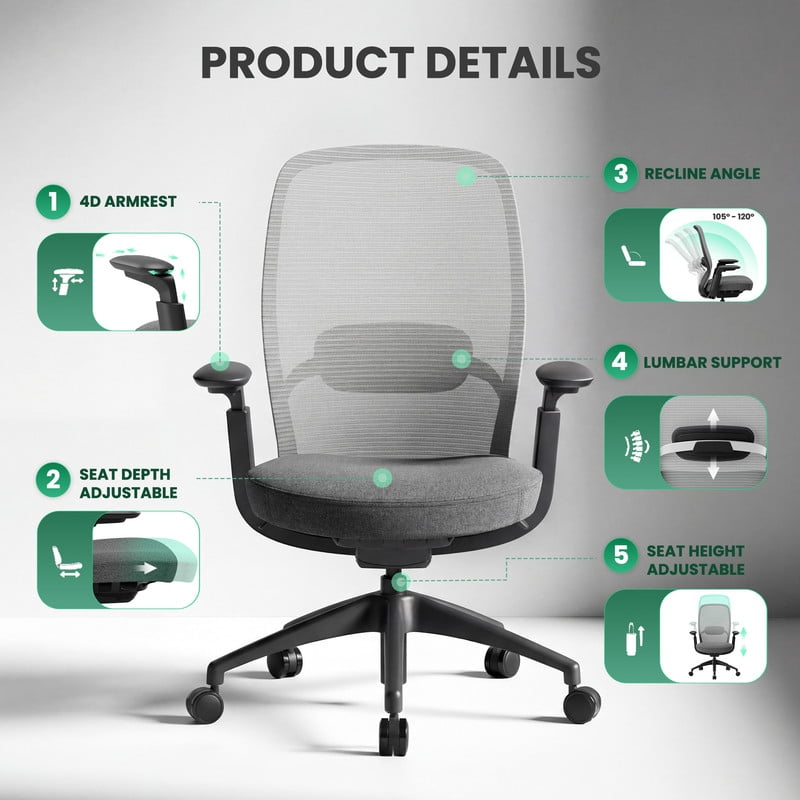 COLAMY Aether Ergonomic Mesh Office Chair, One-Touch Easy Adjust Managerial Desk Chair with Levitating Seat Cushion & Pilot-Level Sync Armrests, 300 LBS Mid Back Mesh Computer Chair, Grey