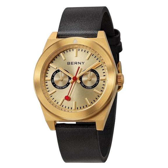 BERNY Gold Watches for Men, Classic Vintage Quartz Analog Watch with Day & Date Calendar, Leather Strap, Stainless Steel, Luminous, Waterproof, Fashion Sport Casual Men's Wristwatch (Gold)