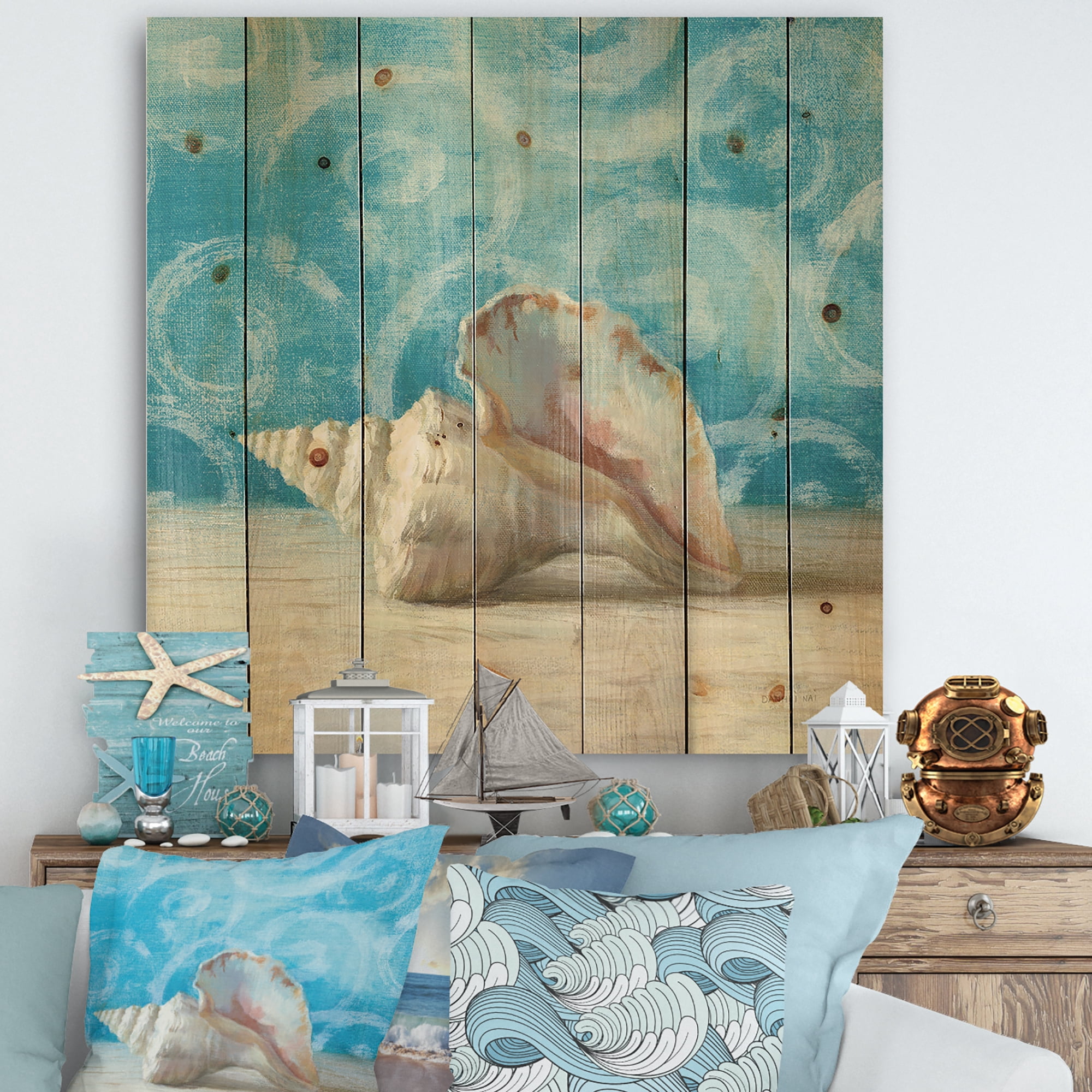 Designart 'Composition from the Sea I' Nautical & Coastal Print on Natural Pine Wood