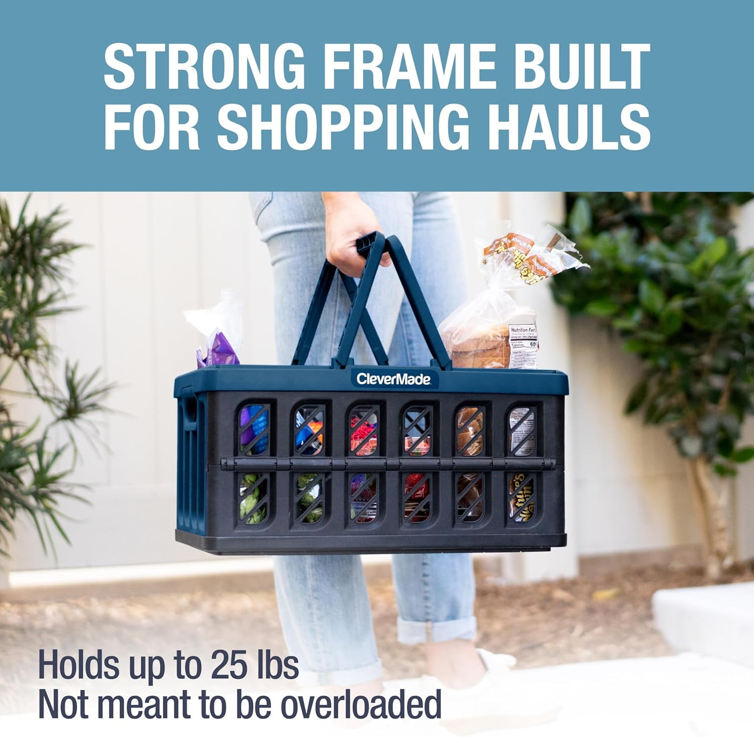 CleverMade 24L Collapsible Shopping Basket with Handles, Obsidian, 3 Pack