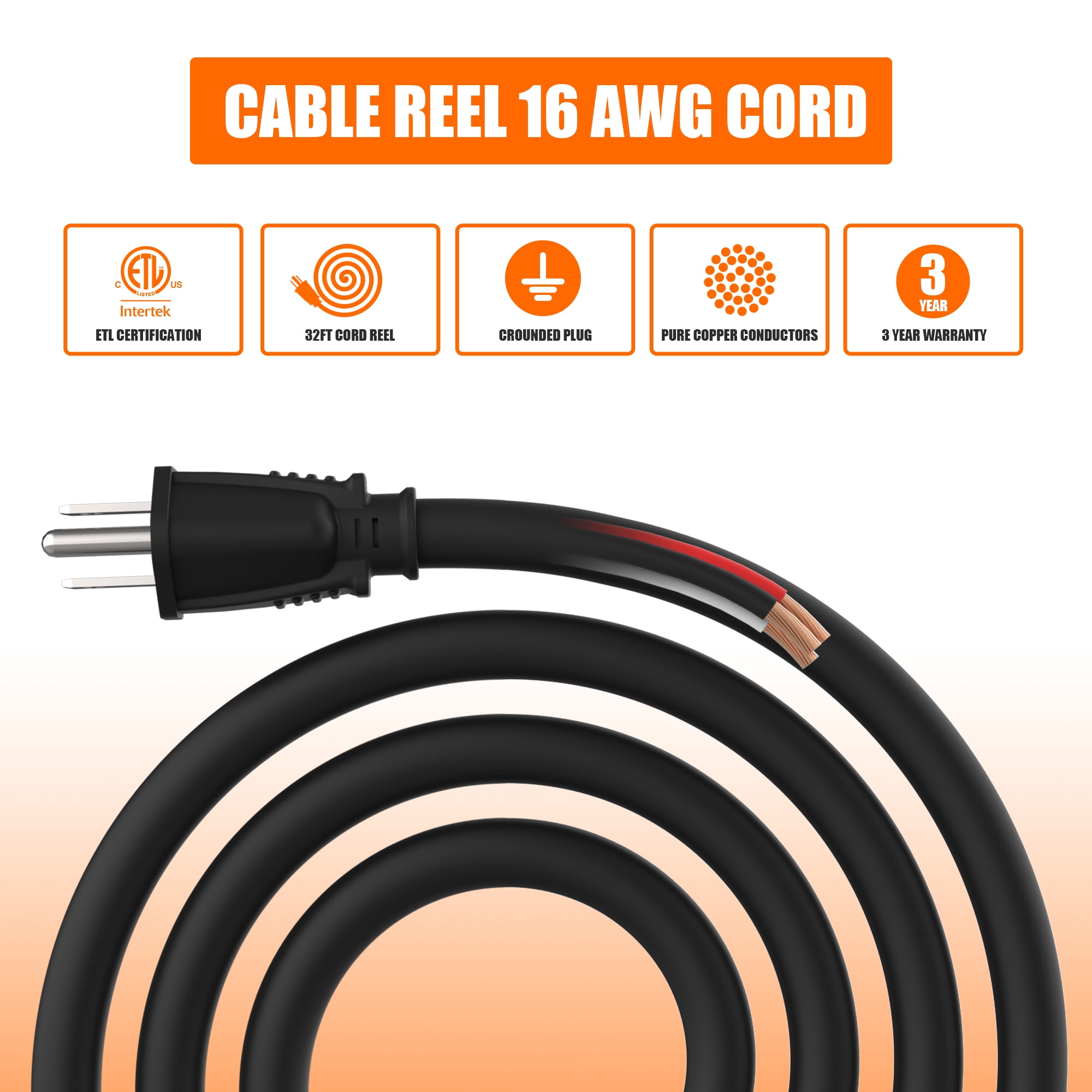 Hongyi Extension Cord Reel 32ft,16AWGX3C,SJT,4-Outlet,Orange