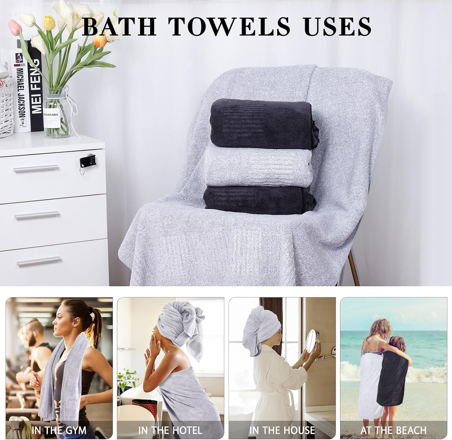 2-Pack 27" x 54" Bath Towels 30%  Viscose Made from Bamboo Ultra Soft & Highly Absorbent Solid Premium Bath Towels for Bathroom, Hotels, Spa and Gym, Light Gray