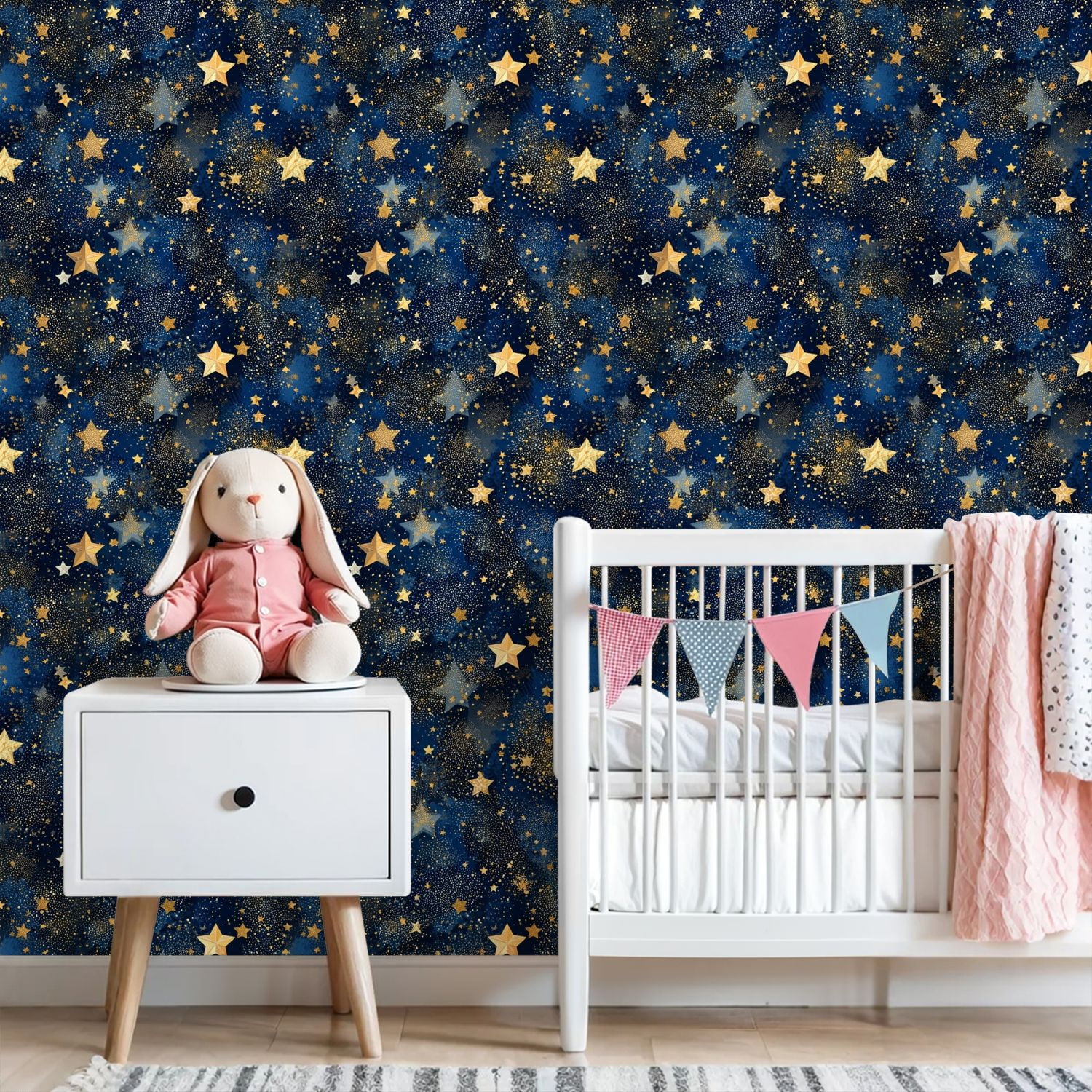 Peel and Stick Wallpaper 23.6in x 9.8ft Golden Stars Deep Blue Night Sky Sparkles Dots Contact Paper Vinyl Self-Adhesive Removable Wall Paper for Bedroom Kitchen Cabinet Décor Renter Friendly