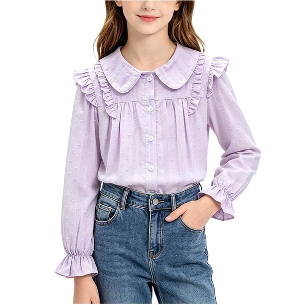 Odeerbi Camisa de Vestido de Algodón Para Niñas Peter Pan Collar Ruffle Camisas de Uniforme Escolar de Manga Larga