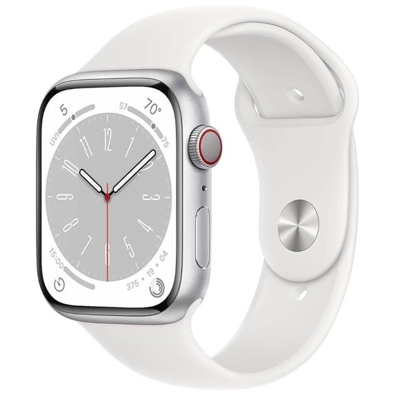 Pre-Owned Apple Watch Series 8 (GPS Cellular) 45mm Silver Aluminum Case with White Sport Band
