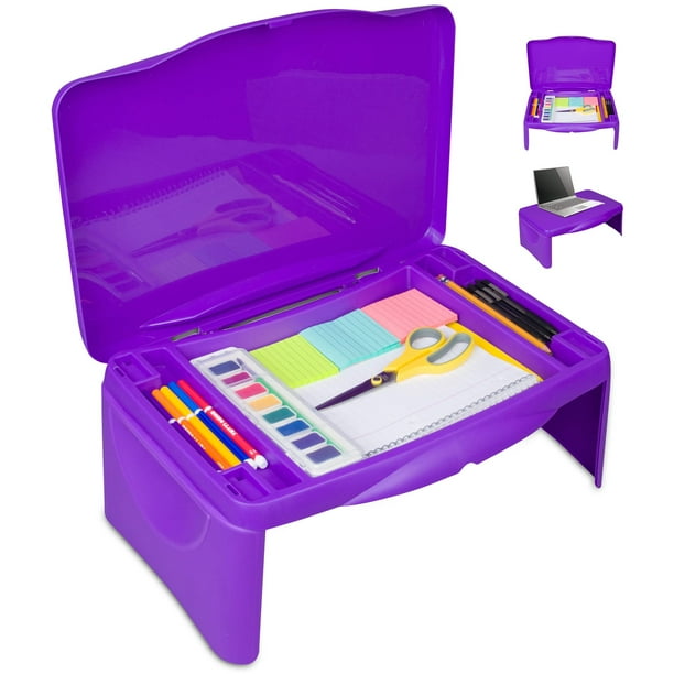 Mesa plegable plegable morada con compartimento de almacenamiento