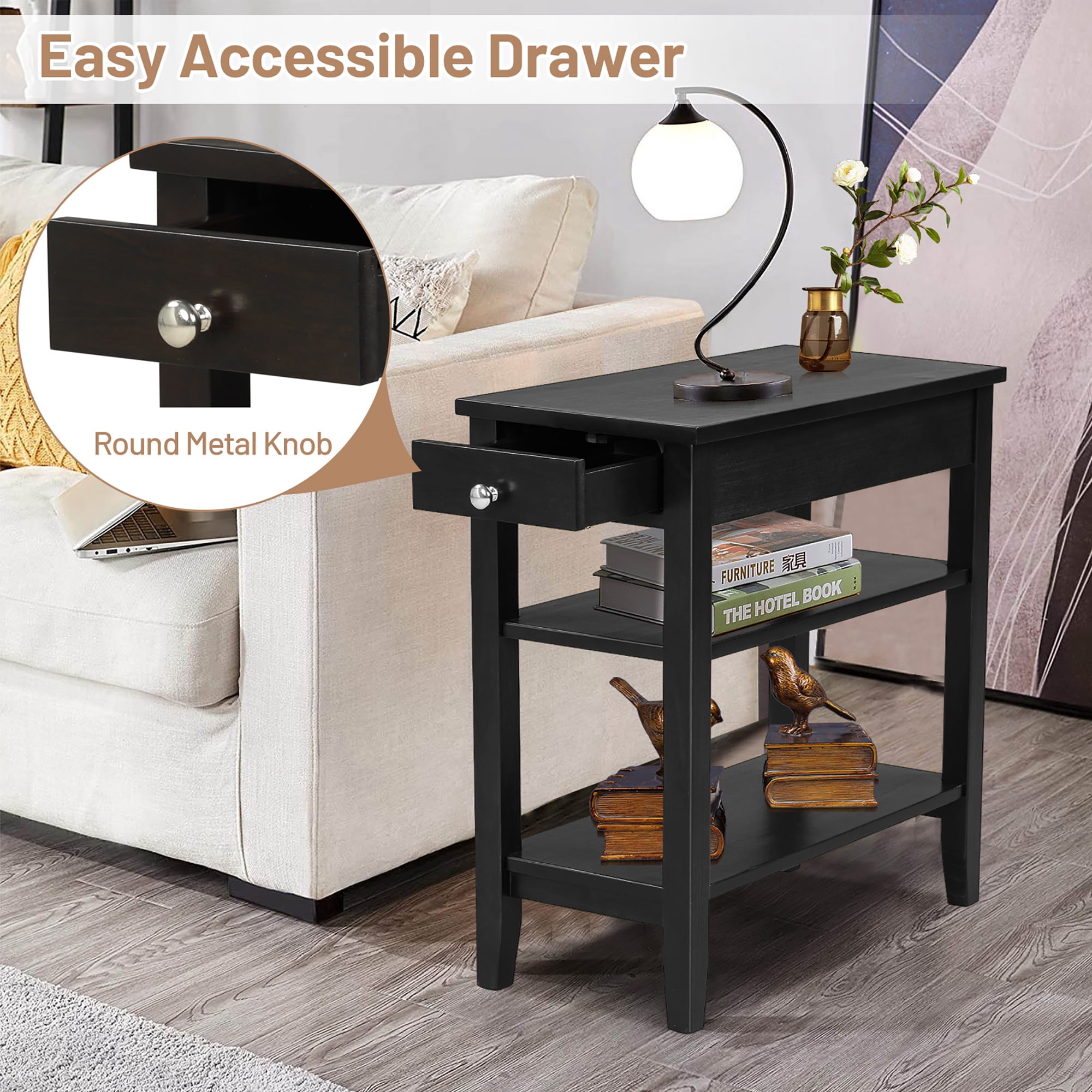 Costway 3-Tier Side End Table with Drawer Double Shelf Narrow Nightstand Black