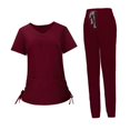 thumbnail image 3 of Uniformes de trabajo de enfermera, conjuntos de ropa de trabajo para mujeres, hombres, camisetas con cuello en V y pantalones para correr, resistentes Rojo oscuro XL Yinane Uniformes de trabajo, 3 of 8