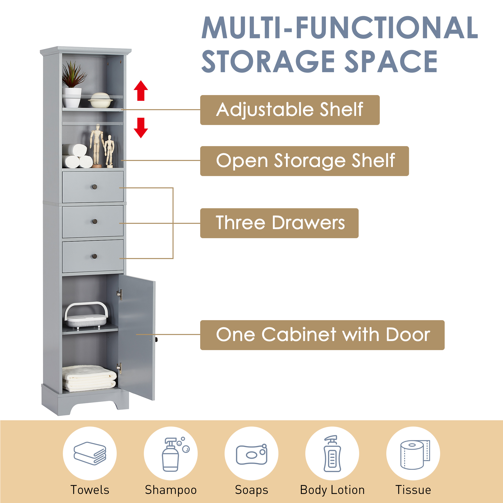 EUROCO Bathroom Storage Cabinet,Wood Linen Cabinet, Narrow Tall Cabinet Storage Tower with Adjustable Shlef,Door and 3 Drawers,Painted Finish, Grey